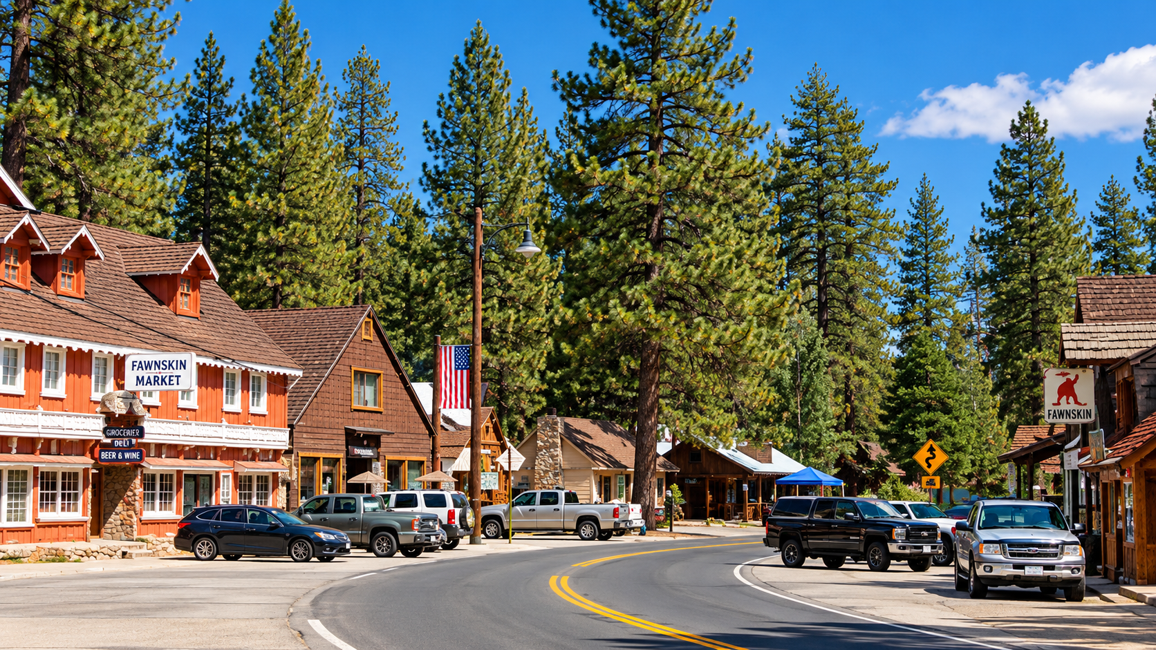 Downtown Fawnskin, California surrounded by pine trees