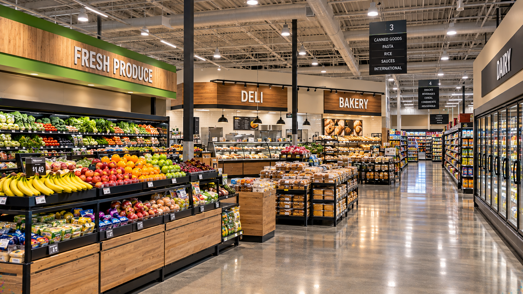 Grocery store produce and retail aisles