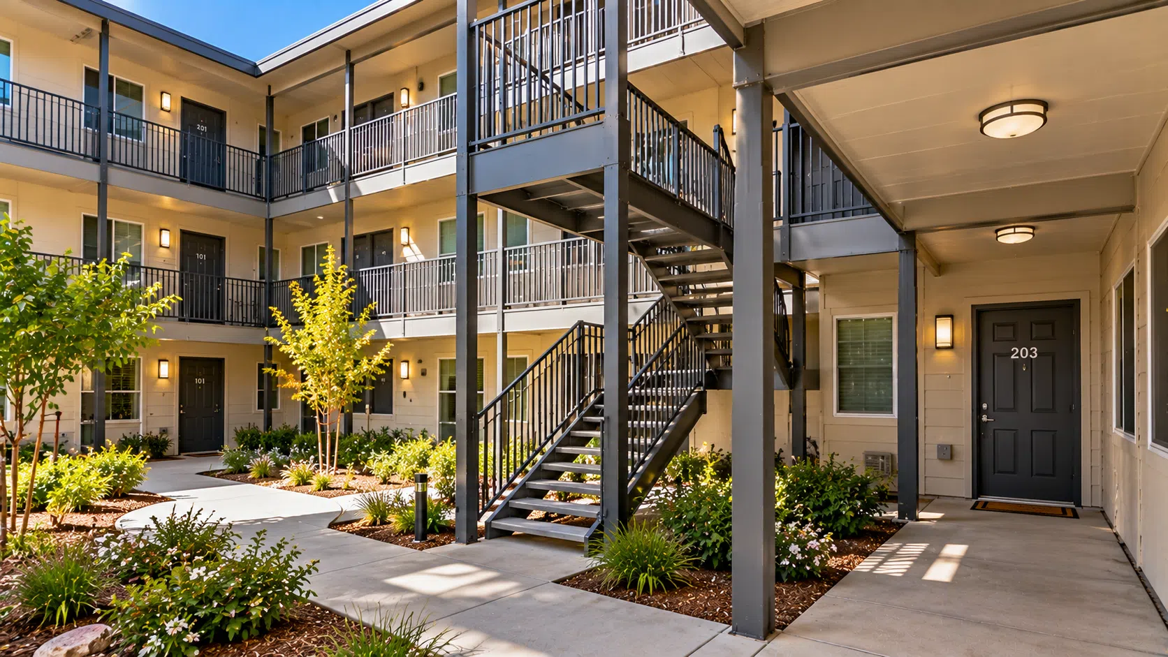 Apartment building exterior and common walkway
