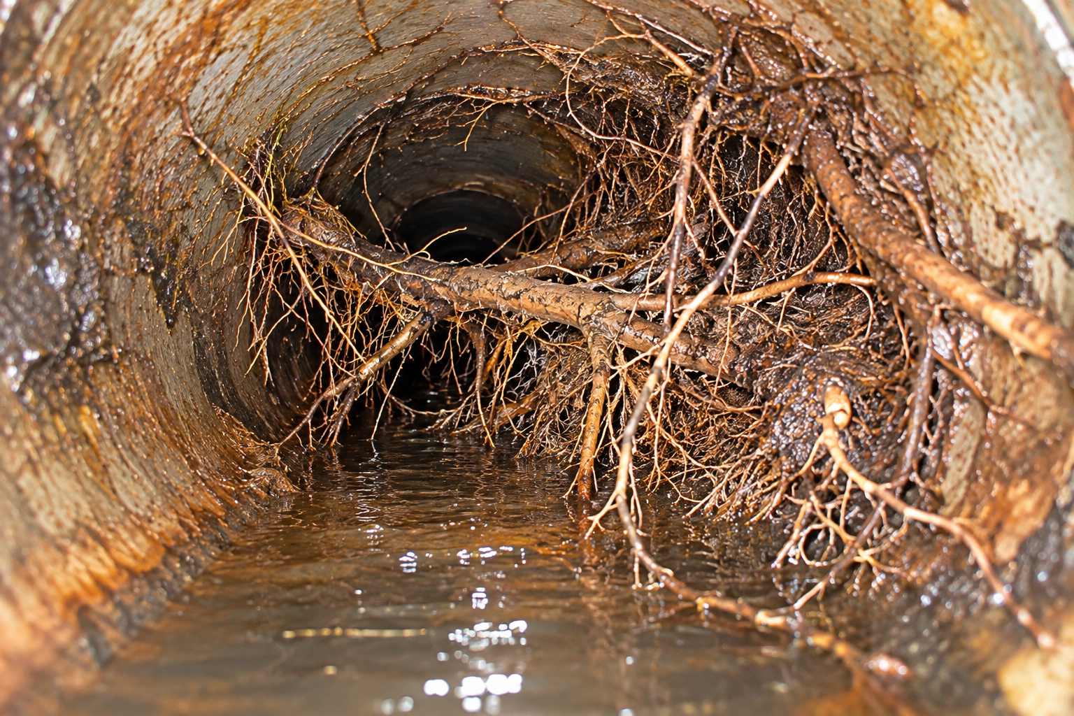 Tree root intrusion inside a sewer pipe