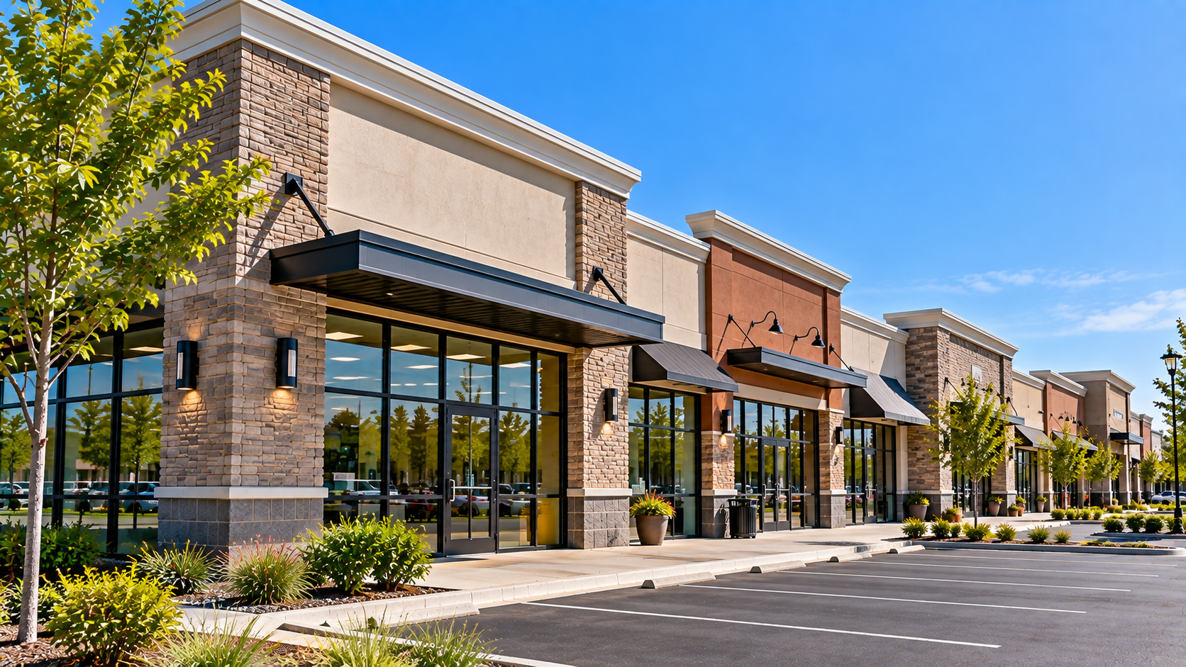 Shopping center storefronts and pedestrian walkway